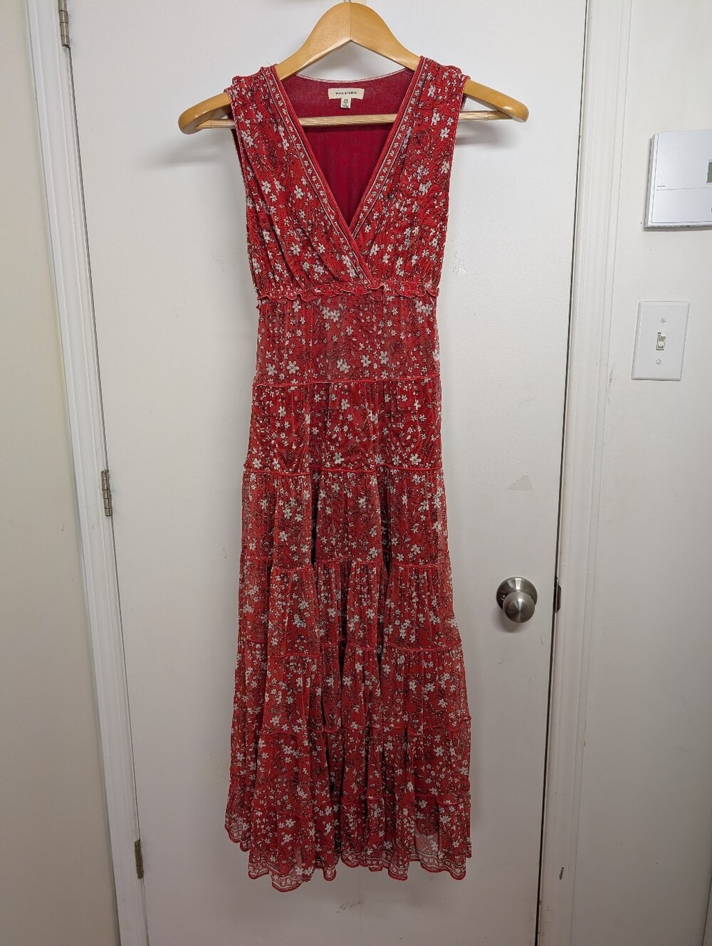 MAX STUDIO Red Floral Boho Tiered Maxi Dress Size XS - Picture 2 of 6